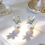 Silver Flower Pearl Rhinestone Stud Earrings