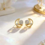 French Rose Zircon Moon Stud Earrings 02