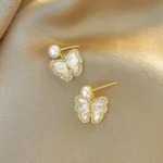 French Butterfly Oval Mother-of-Pearl Zircon Stud Earrings