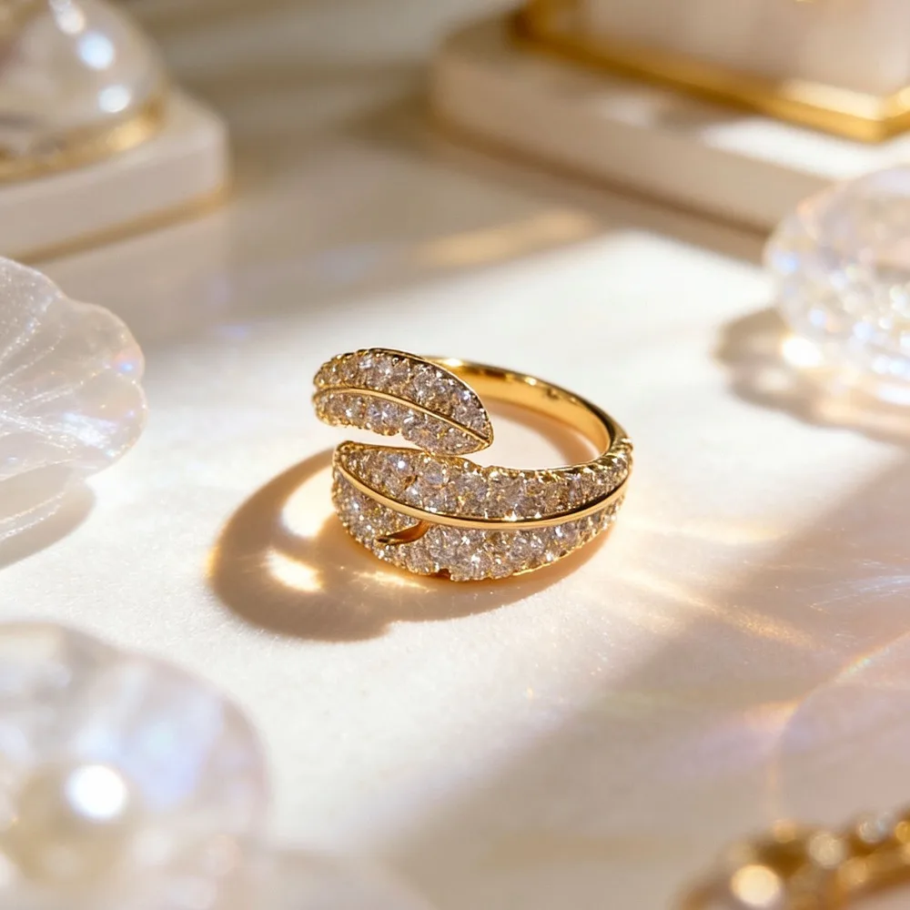 O1CN01FjS83r2BaeFXz7T8f_2214616708355-0-cib Full Pave Zircon Feather Open Ring - Image 1