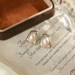 Korean Red Pearl Oval Gold Stud Earrings