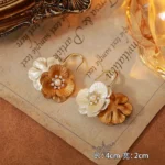 Caramel Brown Pearl Flower Stud Earrings