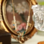 Vintage Pearl Chain Enamel Butterfly Jewelry Set