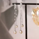 Long Zircon Pearl Tassel Stud Earrings
