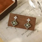 Vintage Olive Green Four-Leaf Clover Stud Earrings