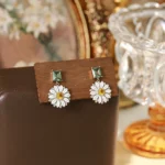 Vintage Olive Green Double-Sided Daisy Stud Earrings