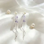 Pearl Purple Crystal Tassel Stud Earrings