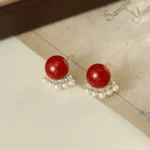 French Rhinestone Red Pearl Stud Earrings