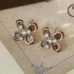 Olive Green Zircon Four-Petal Flower Stud Earrings
