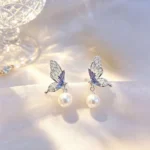 Pave Butterfly Pearl Stud Earrings