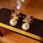 Vintage Enamel Rhinestone Flower Pearl Stud Earrings