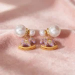 Purple Enamel Pearl Stud Earrings