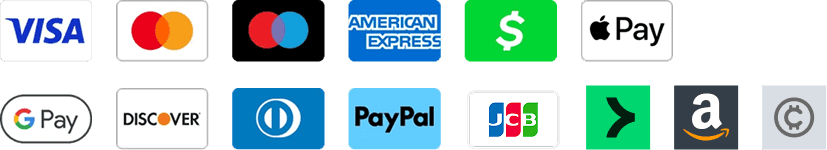 Accepted payment methods: Visa, Mastercard, Maestro, American Express, Cash App Pay, Apple Pay, Google Pay, Discover, Diners Club, PayPal, JCB, Klarna, Amazon Pay, and cryptocurrency